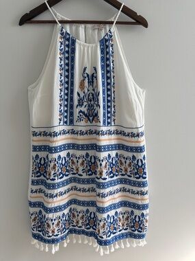 Skies Are Blue Embroidered Tassel Hem Boho Mini Dress Blue White XL